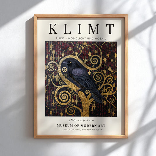Fluss - Mondlicht und Mosaik poster featuring a black crow and gold patterns, inspired by Gustav Klimt's