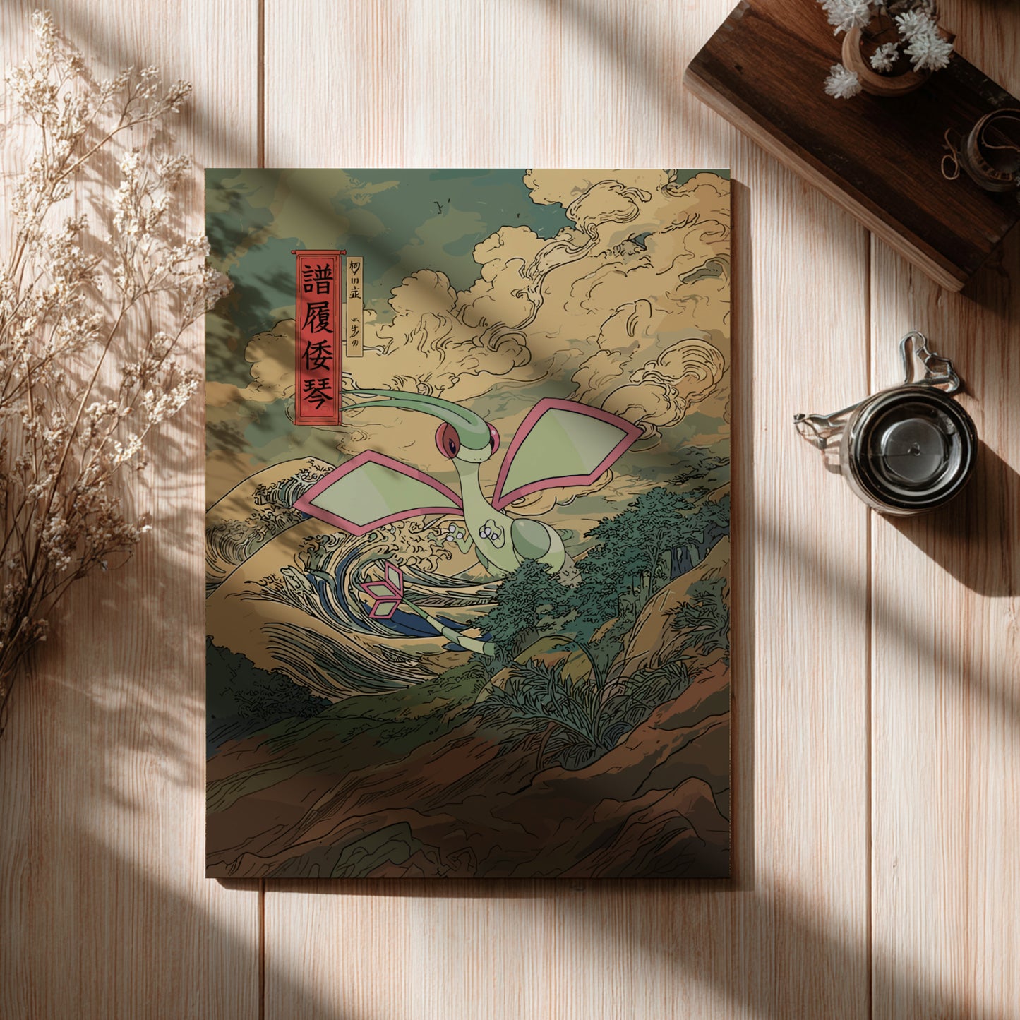 Decorative poster with artistic cover on a wooden surface