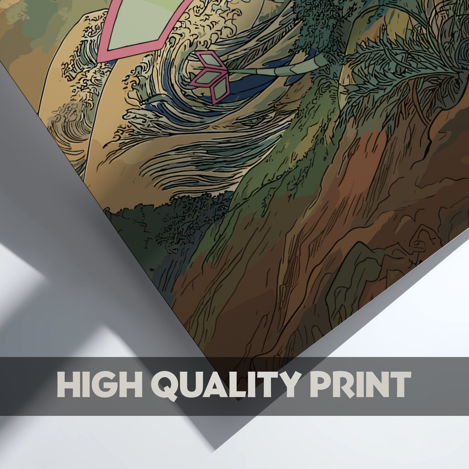 Artistic print of a landscape with waves and Flygon Pokemon on a textured surface.