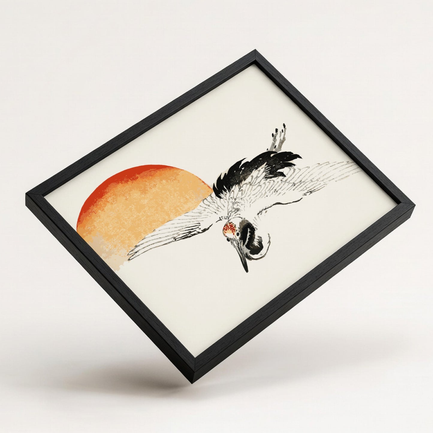 Framed print of a flying crane by Kōno Bairei, featuring Japanese ink art style, sunset, and vintage poster