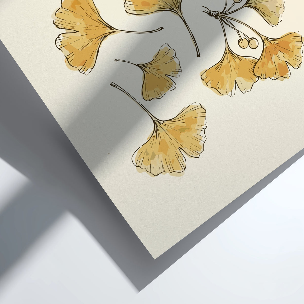 Poster featuring delicate golden ginkgo leaves and branches on a neutral cream background illustration.