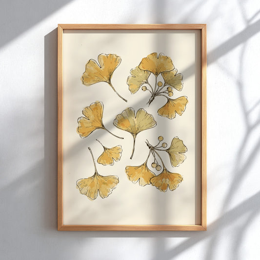 Poster featuring delicate golden ginkgo leaves and branches on a neutral cream background illustration.