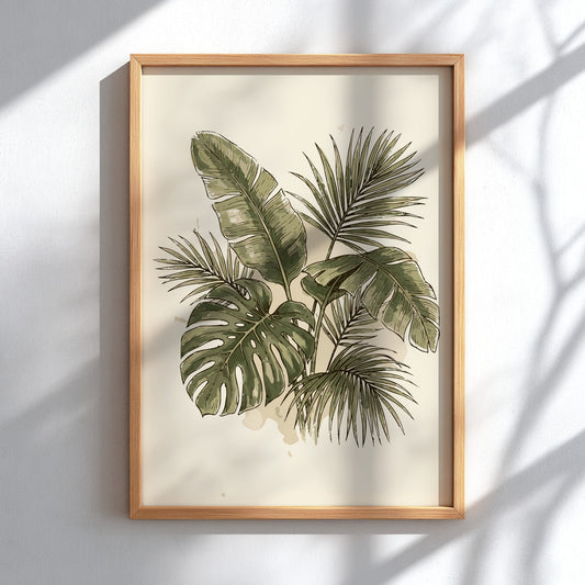 Tropical palm leaves and monstera foliage illustrated in deep green on cream background poster.