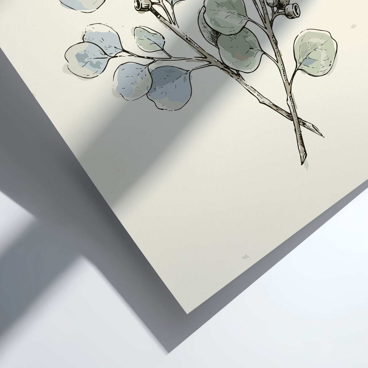 Eucalyptus botanical poster featuring soft sage and dusty blue leaves on cream background paper.