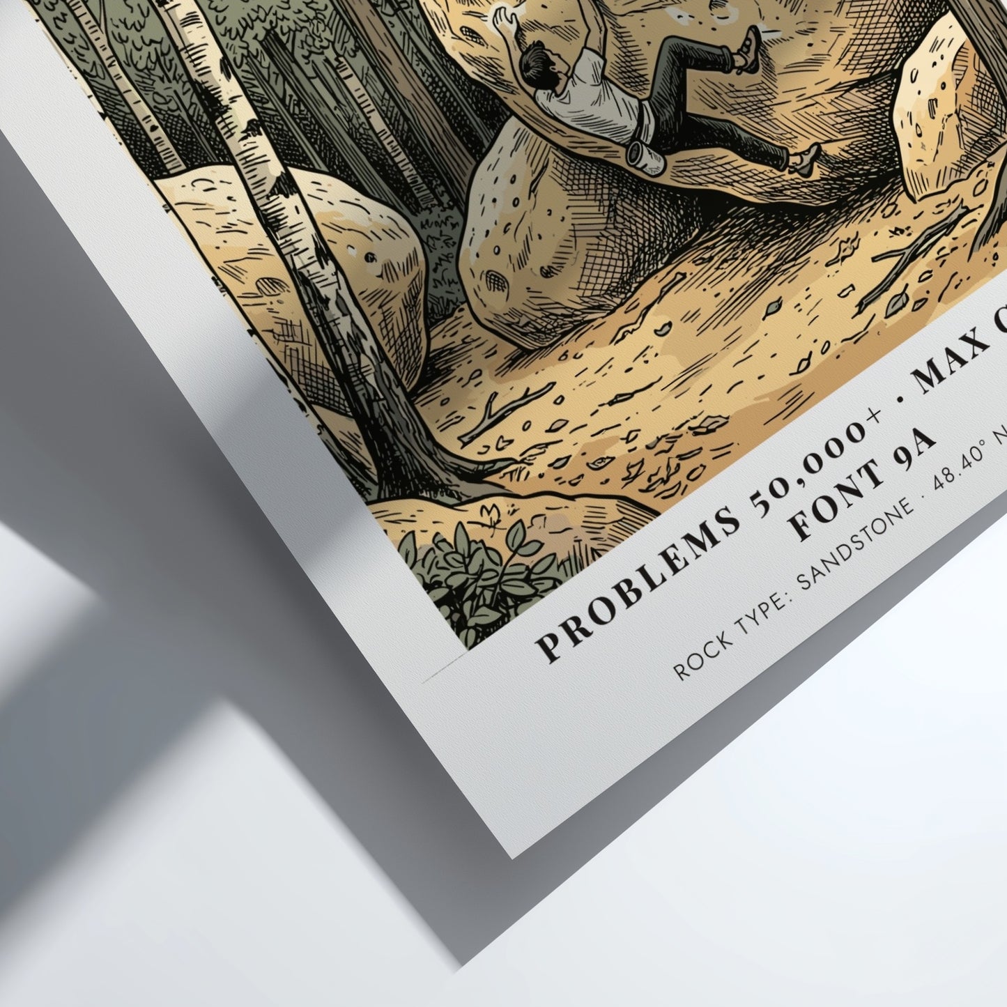 Poster featuring a climber scaling a sandstone boulder in a forest at Fontainebleau France.