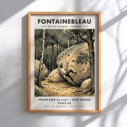 Poster featuring a climber scaling a sandstone boulder in a forest at Fontainebleau France.