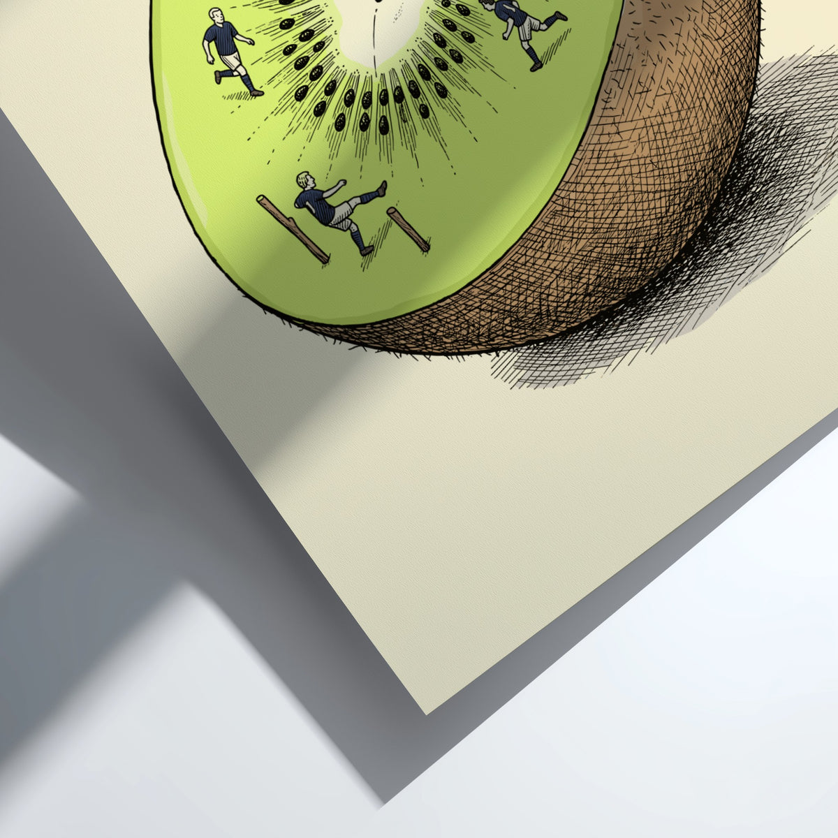 Poster featuring rugby players running across a green kiwi fruit cross-section with goals.