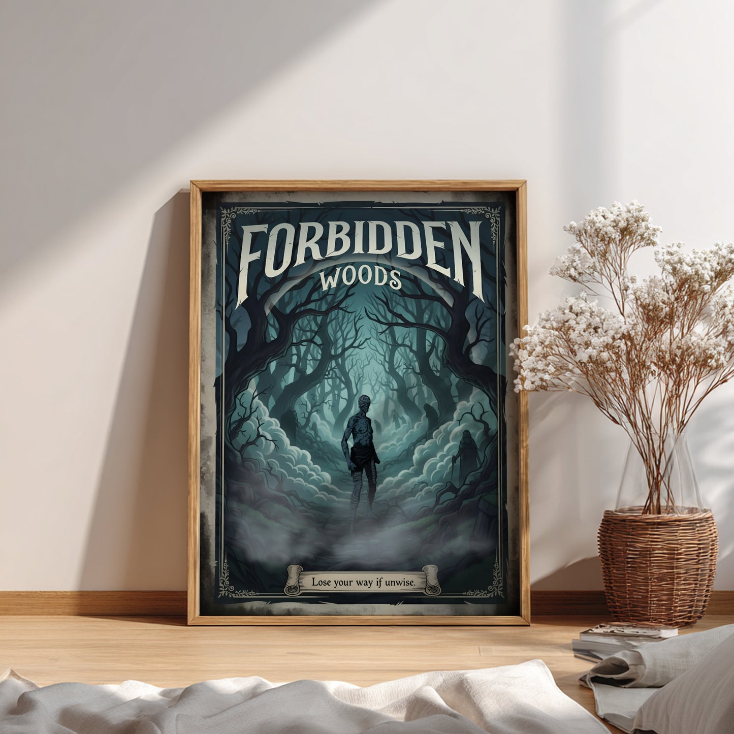 Framed artwork of Forbidden Woods from Bloodborne on a wall with a plant in the background