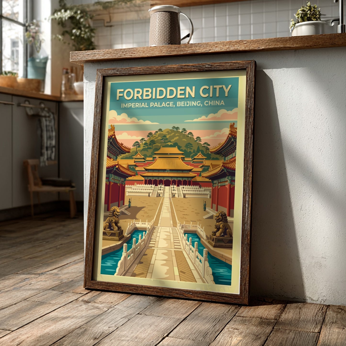 Travel poster of the Forbidden City in Beijing with vintage style and soft colors