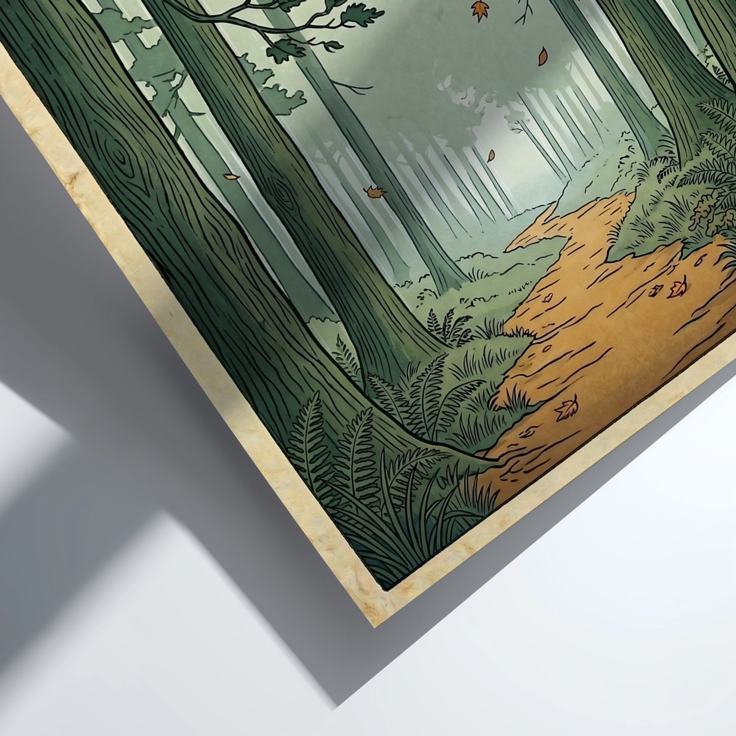 Forest Trail Path Poster featuring tall trees and a winding path in Japanese art style