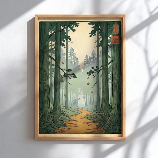 Forest Trail Path Poster featuring tall trees and a winding path in Japanese art style