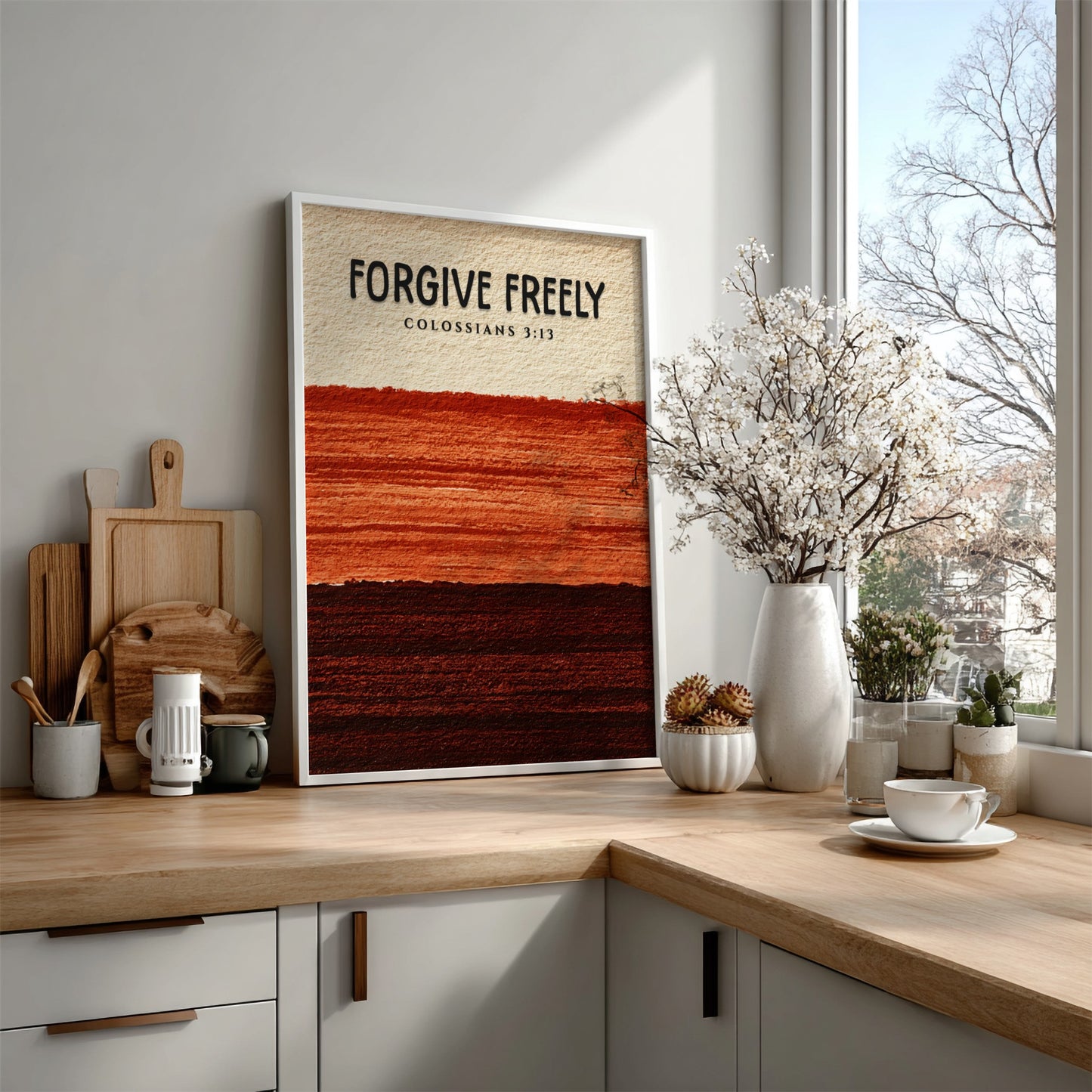 Forgive Freely poster featuring earthy colors and textured design, inspired by Colossians 3:13, perfect for