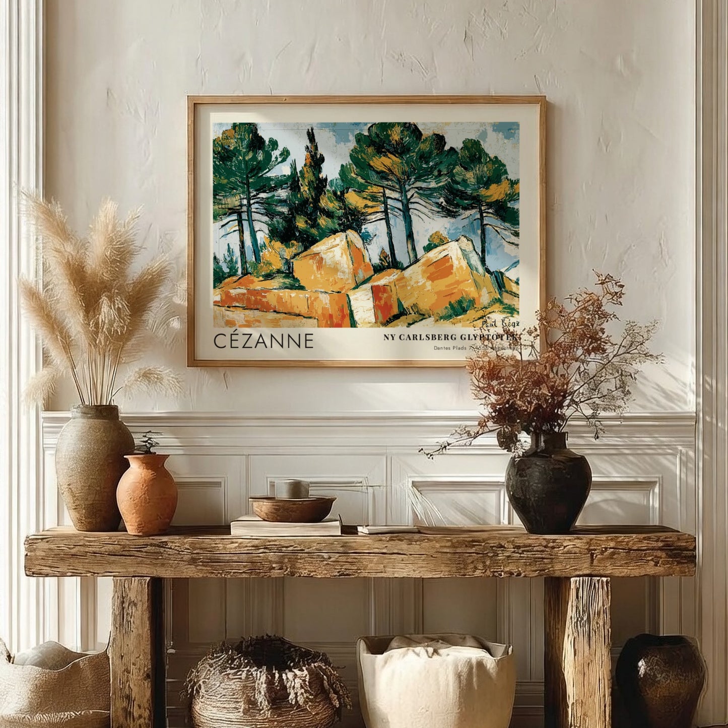 Wall art poster featuring a Cézanne landscape painting with pine trees and rocks