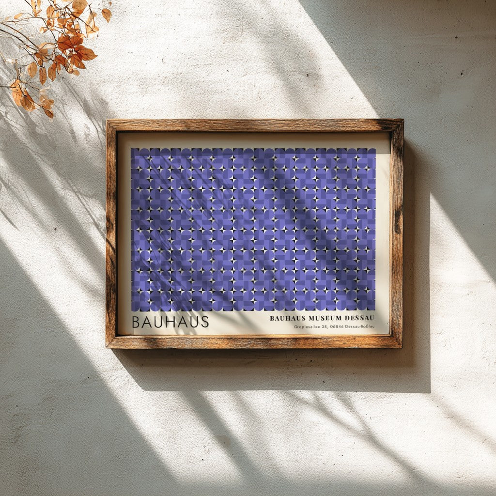 Wall art poster featuring a geometric Bauhaus pattern in violet with museum text.