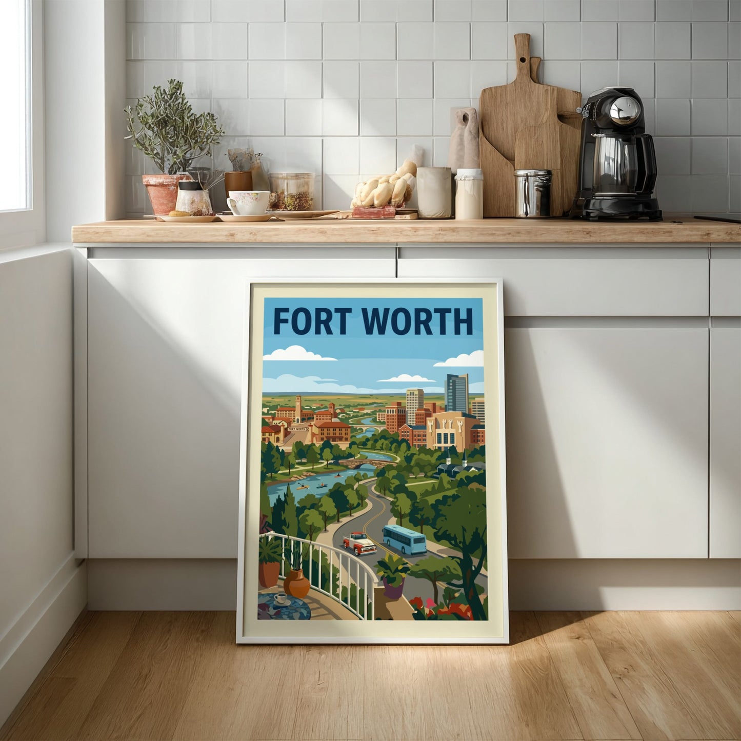 Retro Fort Worth skyline poster with river, trees, and city buildings in a warm color palette.