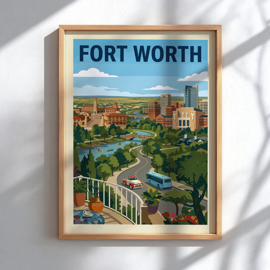 Retro Fort Worth skyline poster with river, trees, and city buildings in a warm color palette.