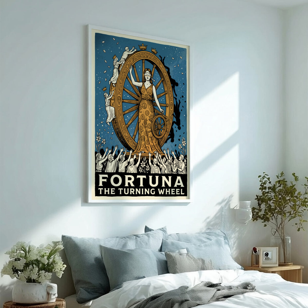 Poster of Fortuna the goddess blindfolded beside a large spinning golden wheel of fate.