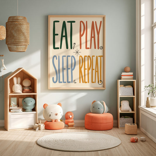 Kids room poster featuring 'Eat Play Sleep' in playful colors and typography, perfect for nursery decor.
