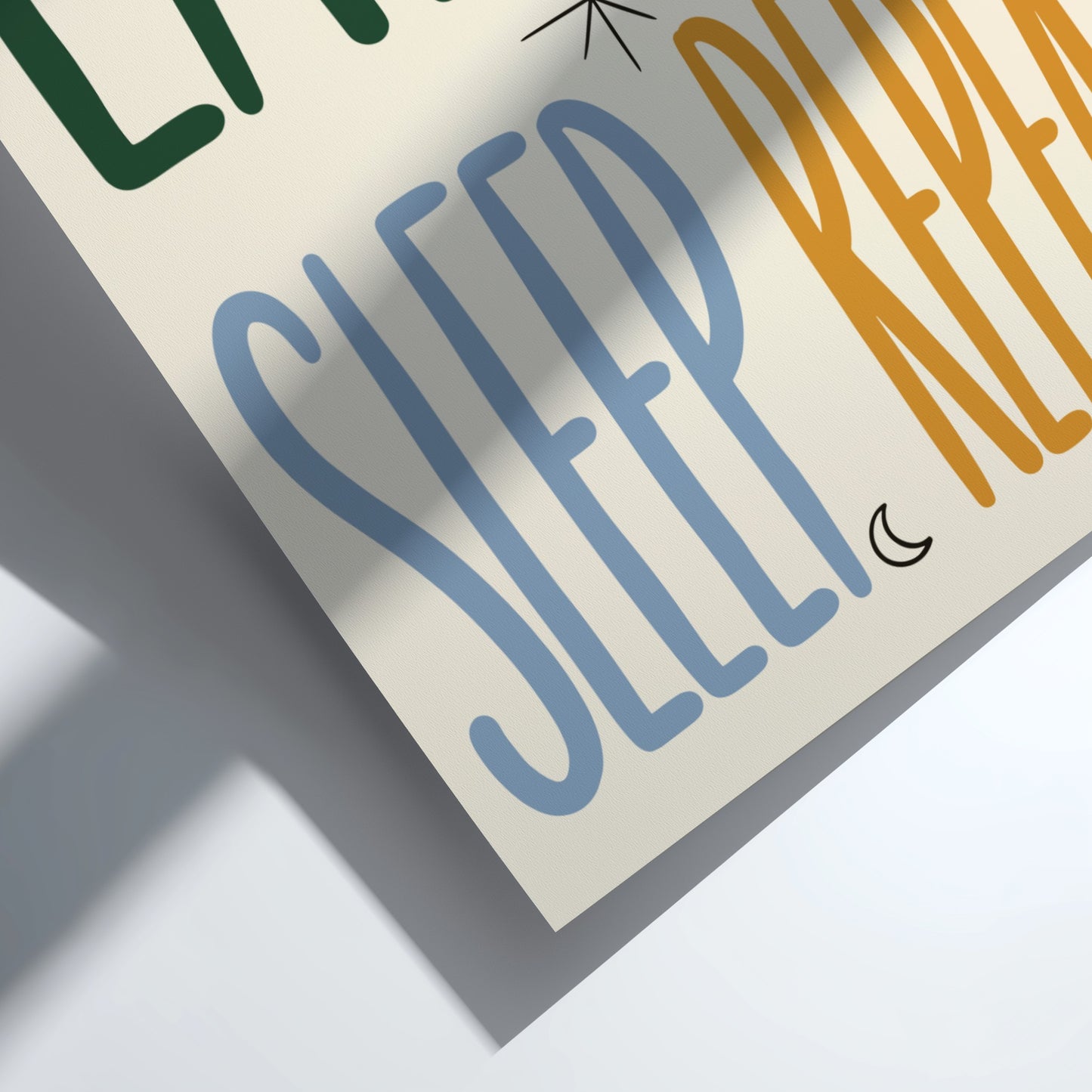 Kids room poster featuring 'Eat Play Sleep' in playful colors and typography, perfect for nursery decor.