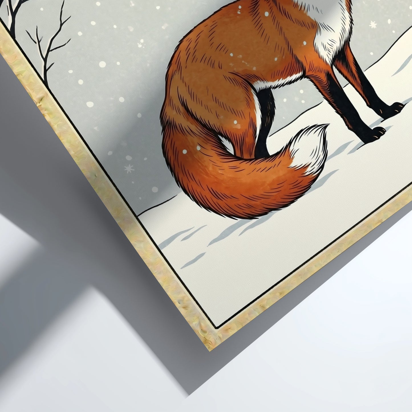 Japanese art style poster featuring a fox in a winter landscape with snow