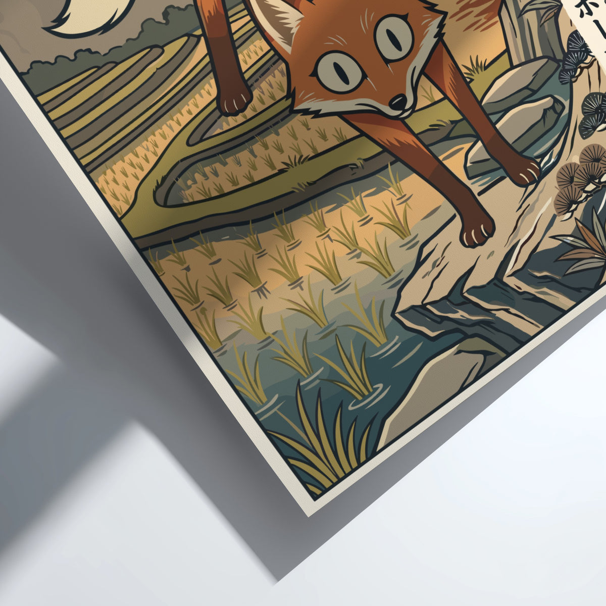 Poster featuring a red fox in downward dog pose with Japanese landscape background