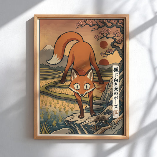 Poster featuring a red fox in downward dog pose with Japanese landscape background