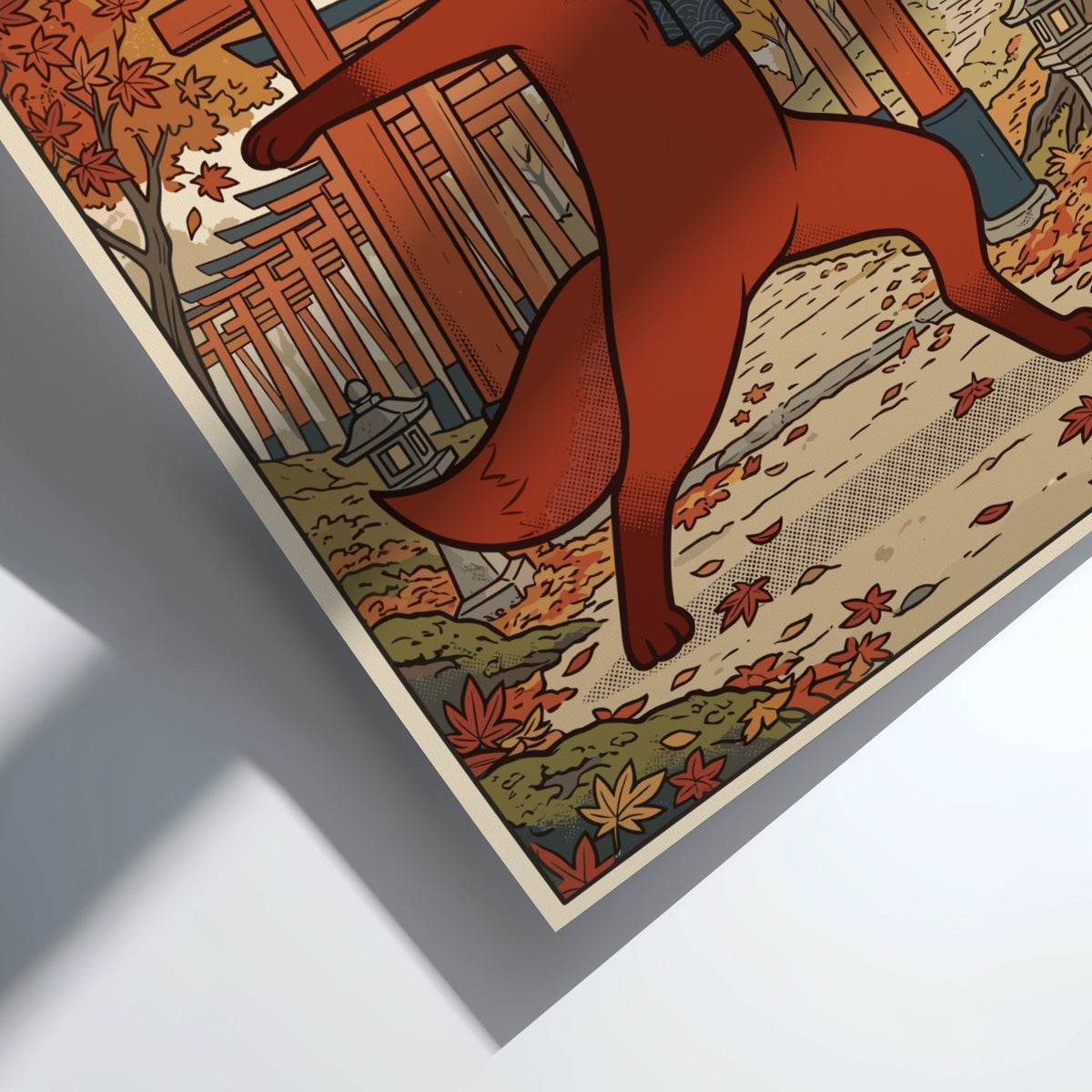 Poster of a fox in a warrior yoga pose before a Japanese shrine