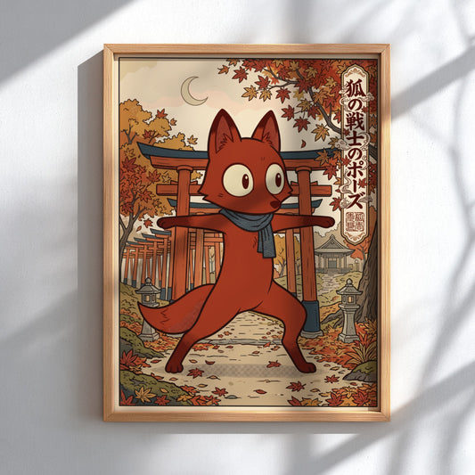 Poster of a fox in a warrior yoga pose before a Japanese shrine