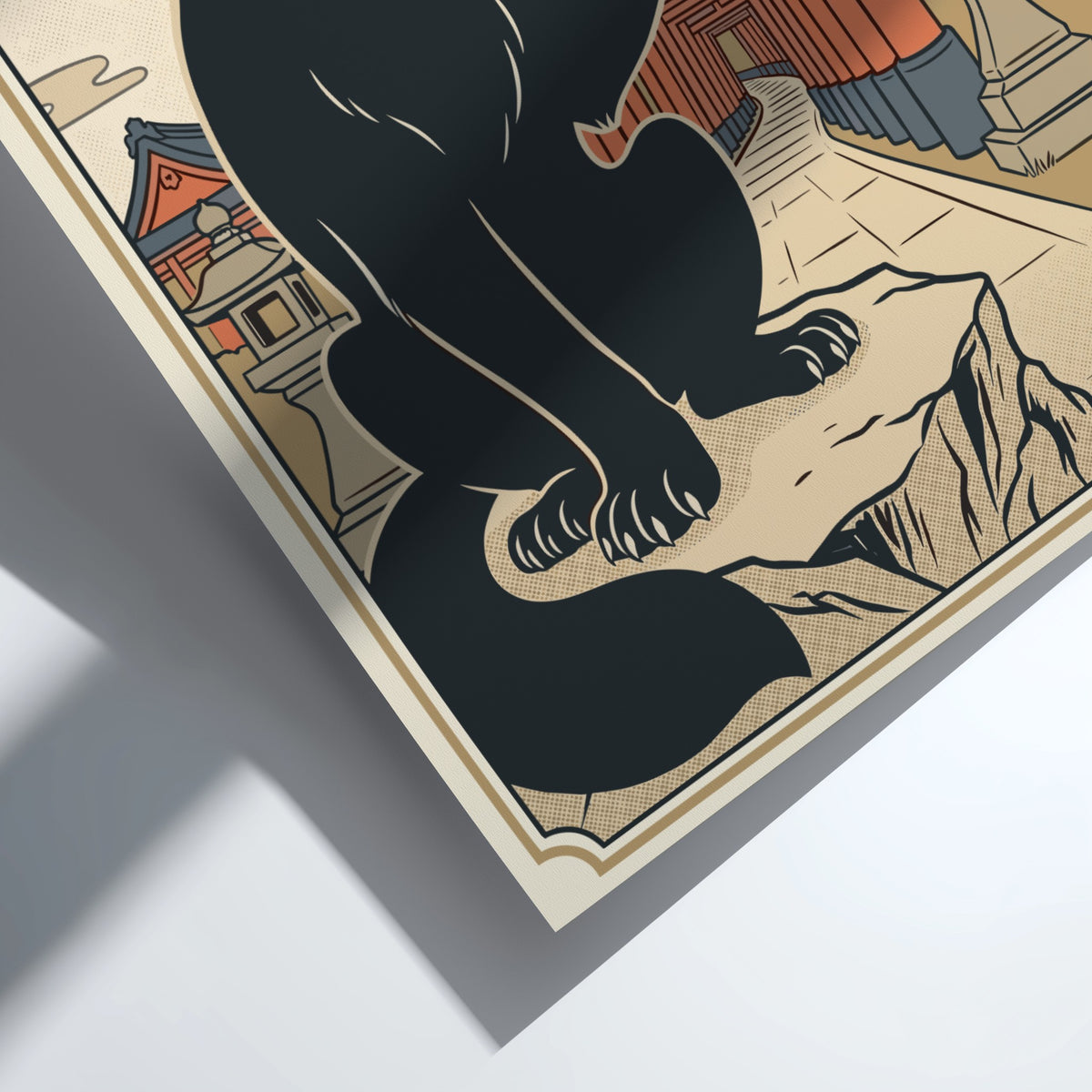 Poster featuring a black fox holding a teacup before traditional Japanese torii gates.
