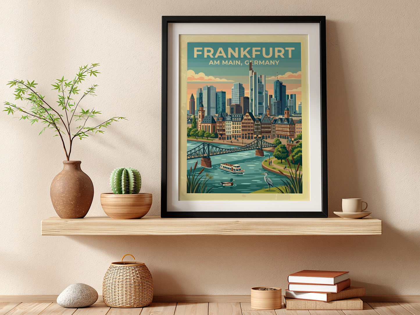 Travel poster of Frankfurt Am Main Germany featuring a skyline, river, and bridge.