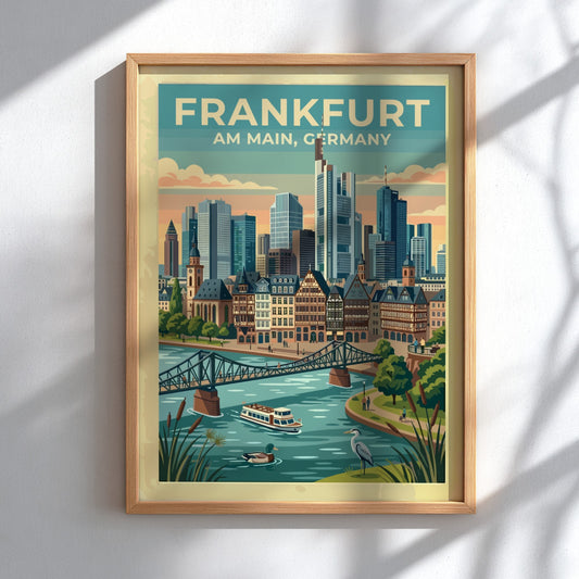 Travel poster of Frankfurt Am Main Germany featuring a skyline, river, and bridge.