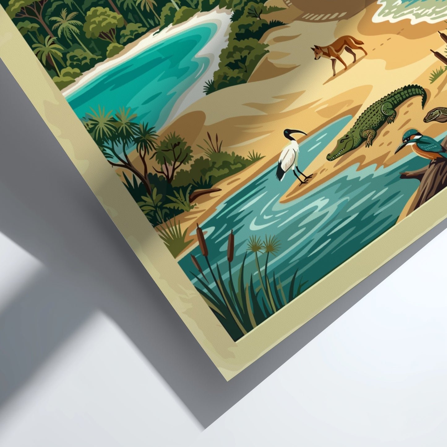 Australia travel poster featuring Fraser Island with sand dunes, shipwrecks, and native wildlife.