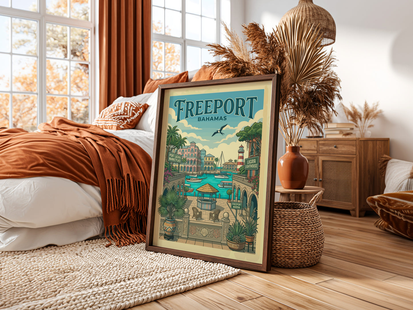 Freeport Bahamas travel poster with a vintage illustration of a harbor, sailboats, and lighthouse.