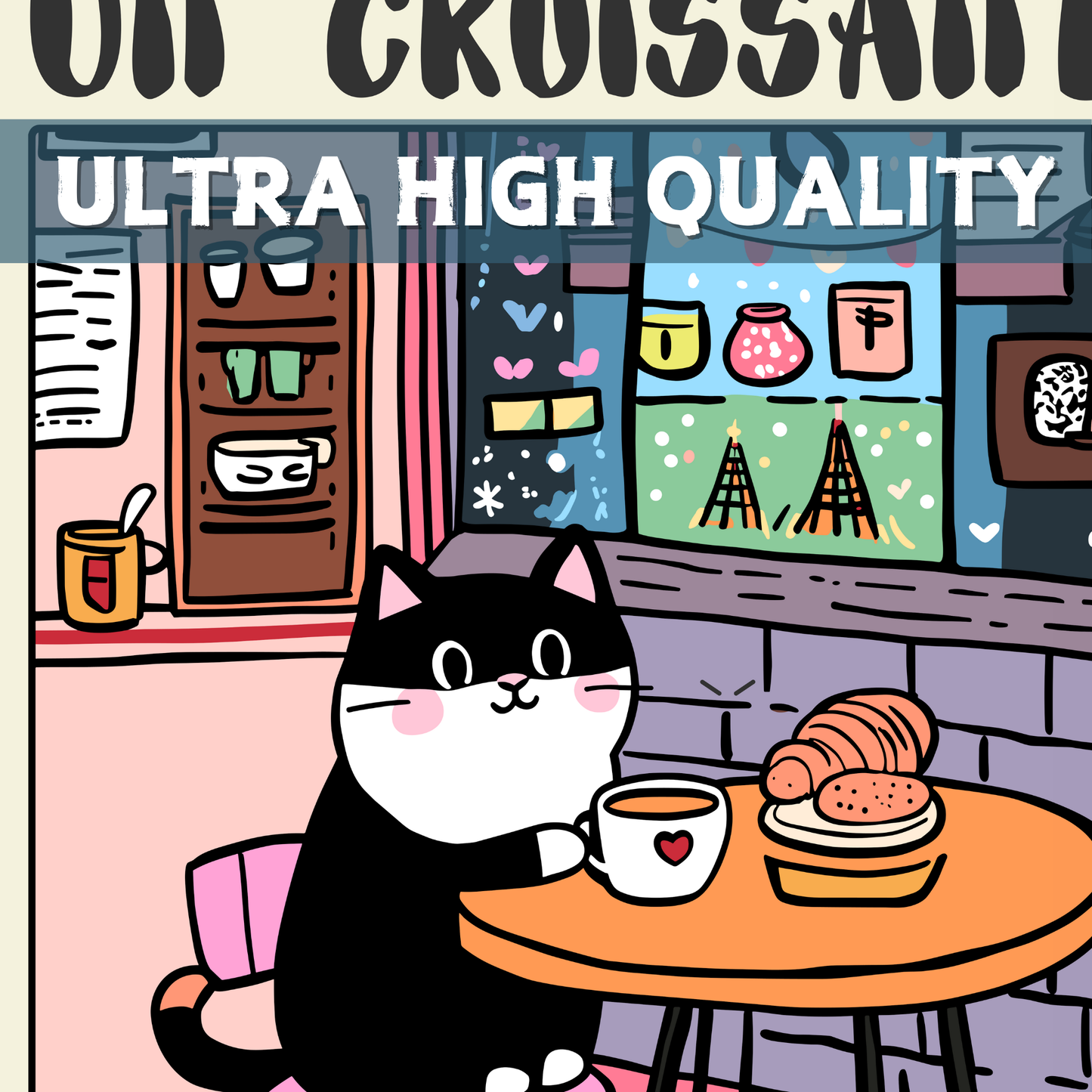Un Croissant et Un Café – Funny Cat Poster, Quirky Feline Print, Vintage Bistro Illustration