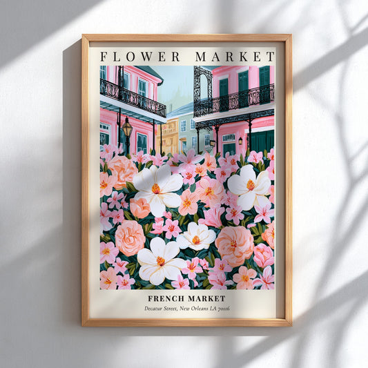 Floral wall decor featuring magnolias and pink flowers in a vibrant style inspired by the French Market