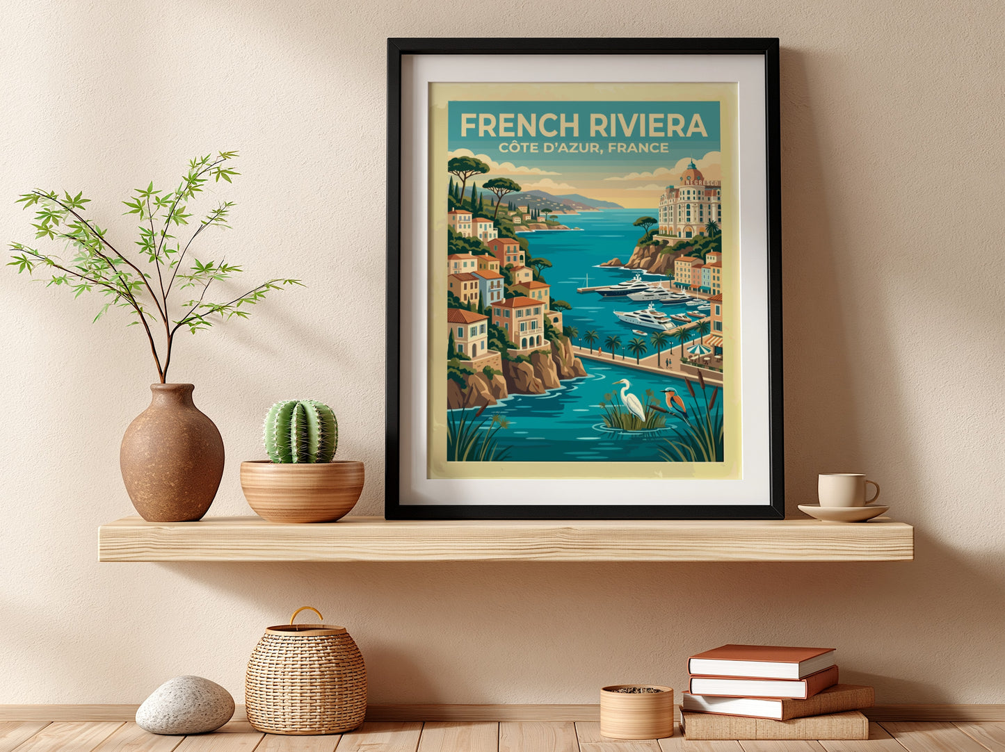 Travel poster of the French Riviera with coastal villas, yachts, and local birds.