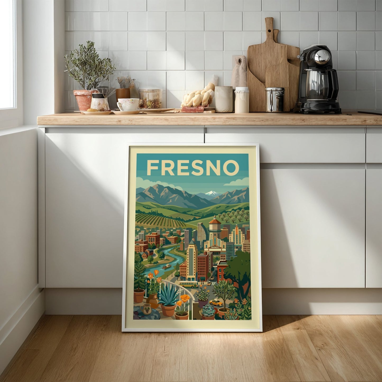 Retro illustration of Fresno cityscape with mountains, river, and vineyards in a warm color palette.