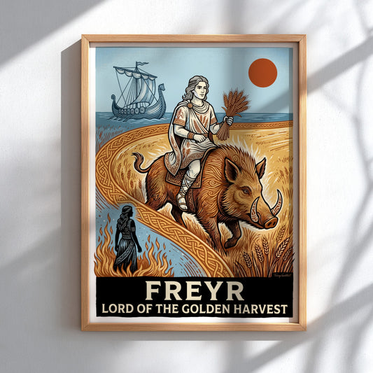 Poster featuring Freyr riding a boar through a golden wheat field with a longship.
