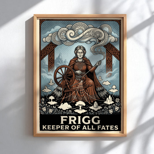 Poster of Frigg, the Norse goddess, spinning fate with intricate knotwork and clouds.