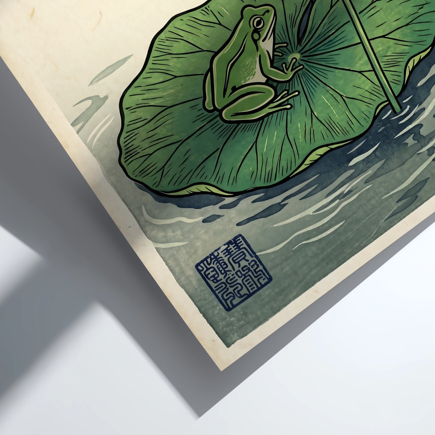 Frog Lotus Pink Poster showcasing a vibrant lotus flower and a frog in Japanese art style