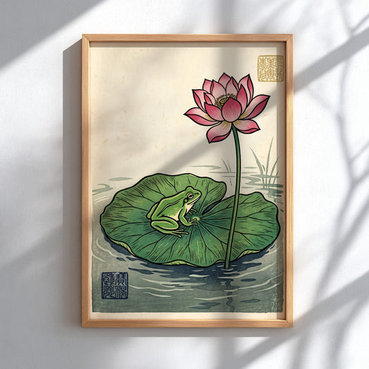 Frog Lotus Pink Poster showcasing a vibrant lotus flower and a frog in Japanese art style
