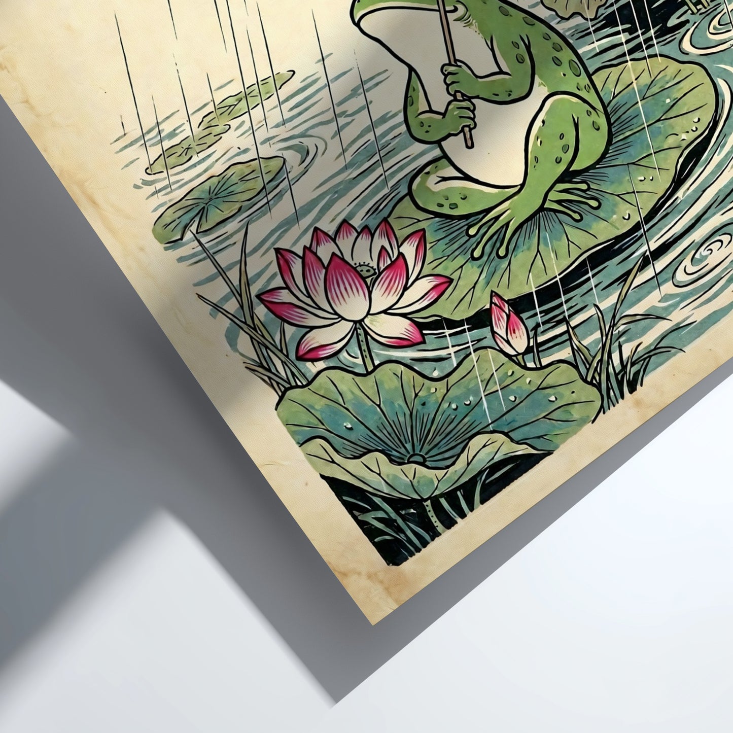 Japanese art style poster featuring a frog with a red umbrella on a lily pad