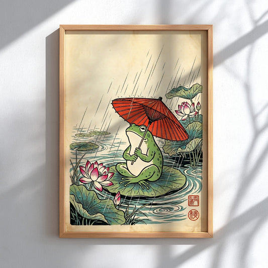 Japanese art style poster featuring a frog with a red umbrella on a lily pad