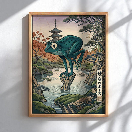 Poster featuring a green frog in a yoga pose near a Japanese pagoda