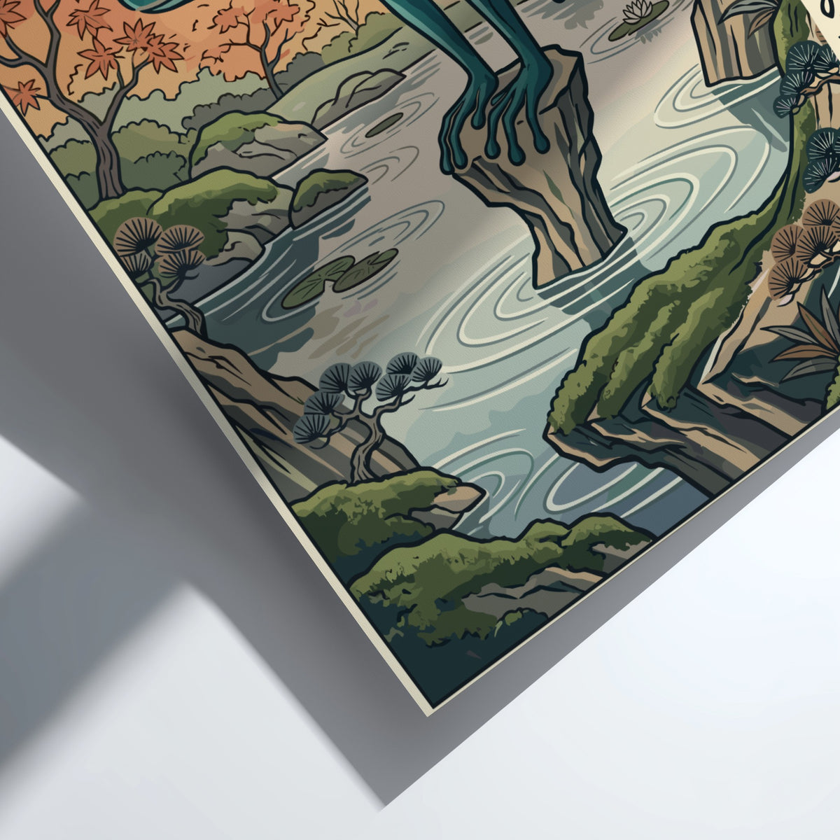 Poster featuring a green frog in a yoga pose near a Japanese pagoda