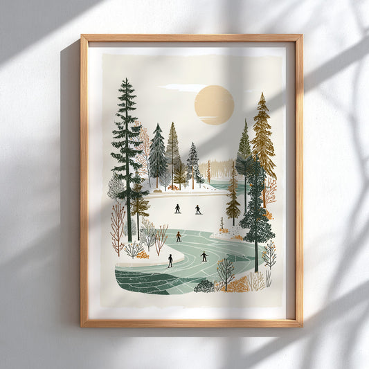 Poster of a winter scene with people ice skating on a frozen lake surrounded by trees, in a warm, muted color
