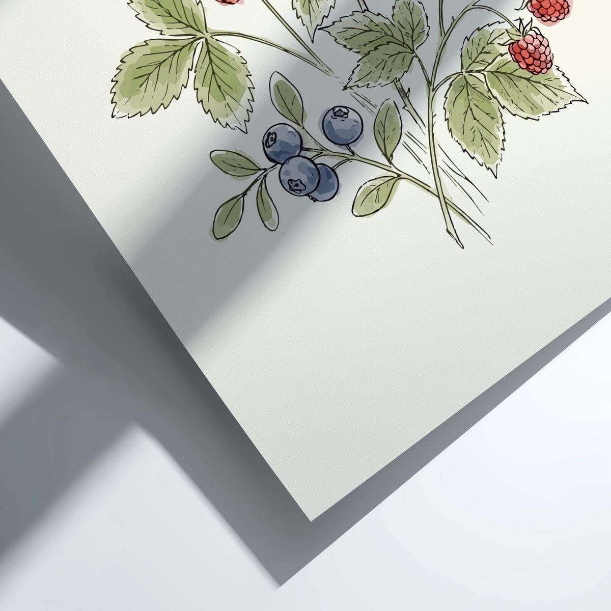 Poster featuring hand-painted wild strawberries, blackberries, and blueberries on a soft cream background.