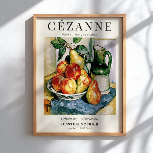 Cézanne exhibition poster featuring vibrant fruits and a pitcher in still life style