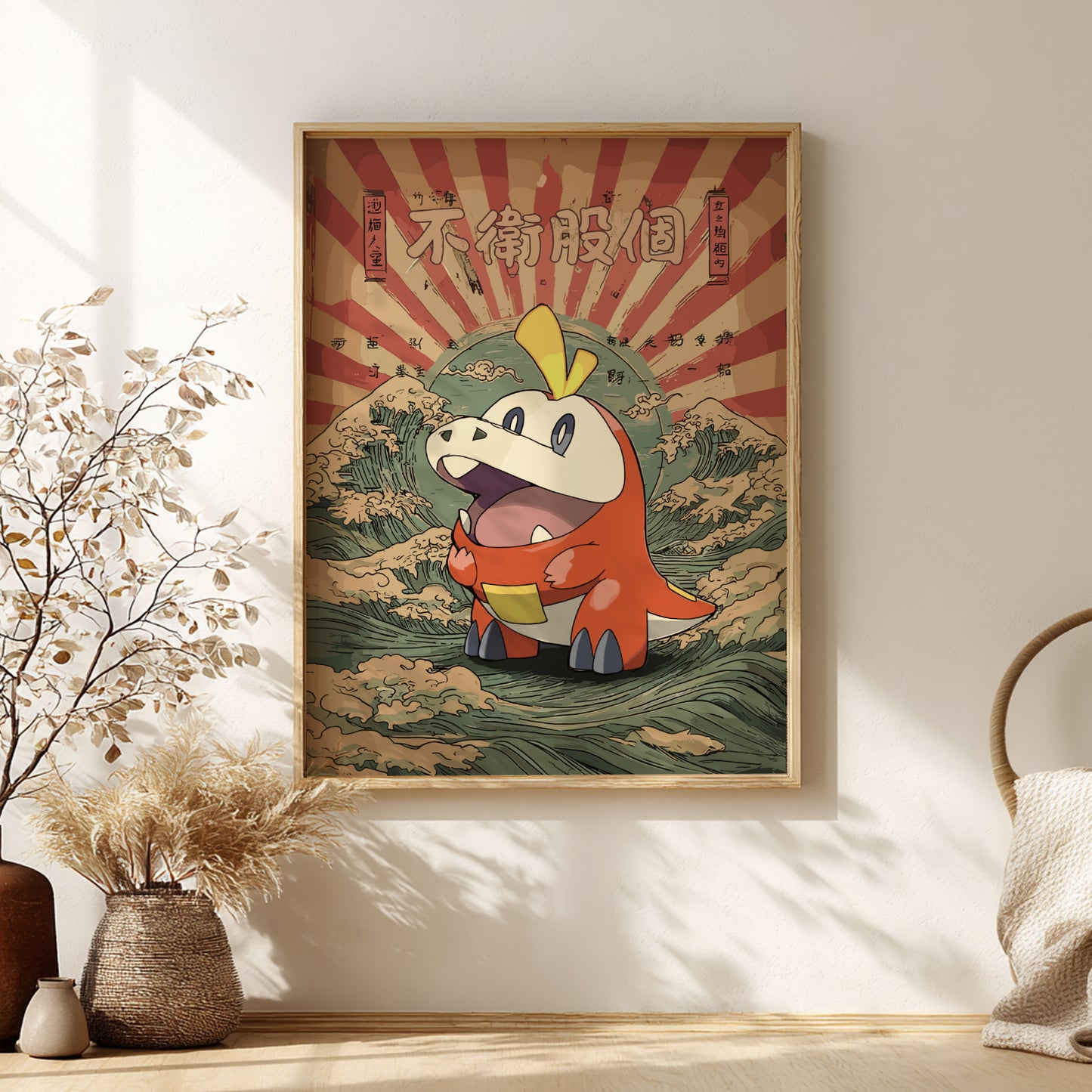 Framed artwork of Fuecoco Pokemon character with a red and yellow background on a wall.