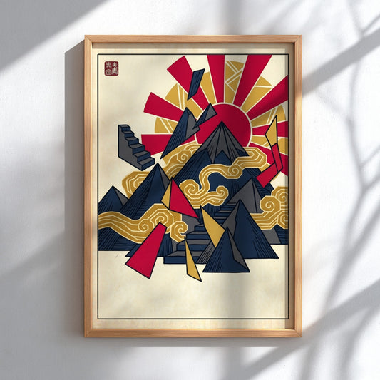 Fuji Abstract Pattern Poster showcasing geometric shapes in red, gold, and blue, inspired by Japanese art
